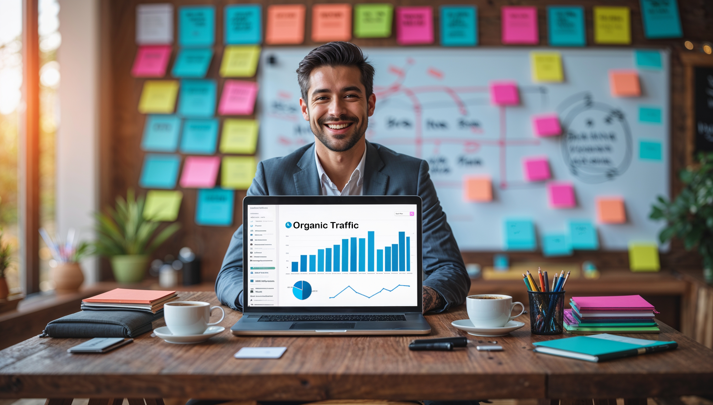 Graph showing rising website visits from organic traffic sources like search engines, highlighting growth without paid ads.